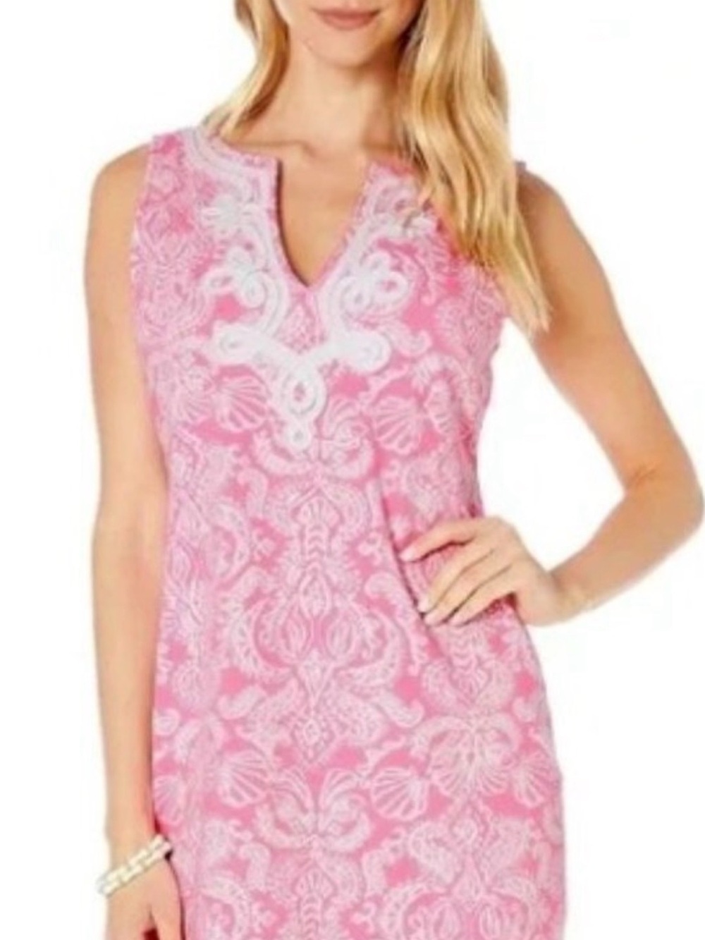 Lilly Pulitzer Pink and White Printed V-Neck Harper shift Dress in Clawdia